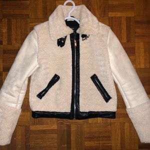 BERSHKA Cream Teddy Fur Leather Crop Moto Jacket